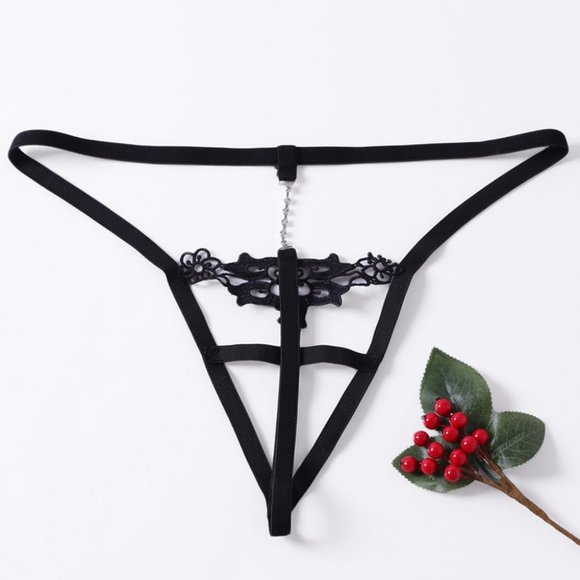 Black Timeless Elegance Peek-A-Boo Rhinestone G-string OS panties Lingerie - Picture 1 of 4